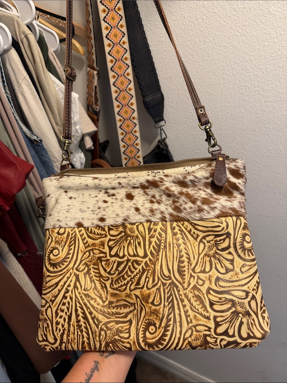 Myra Bag Brown Tooled Leather & Cowhide Crossbody